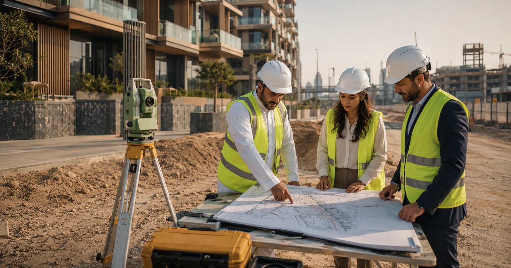 Professional surveying team reviewing architectural plans at a Dubai property site